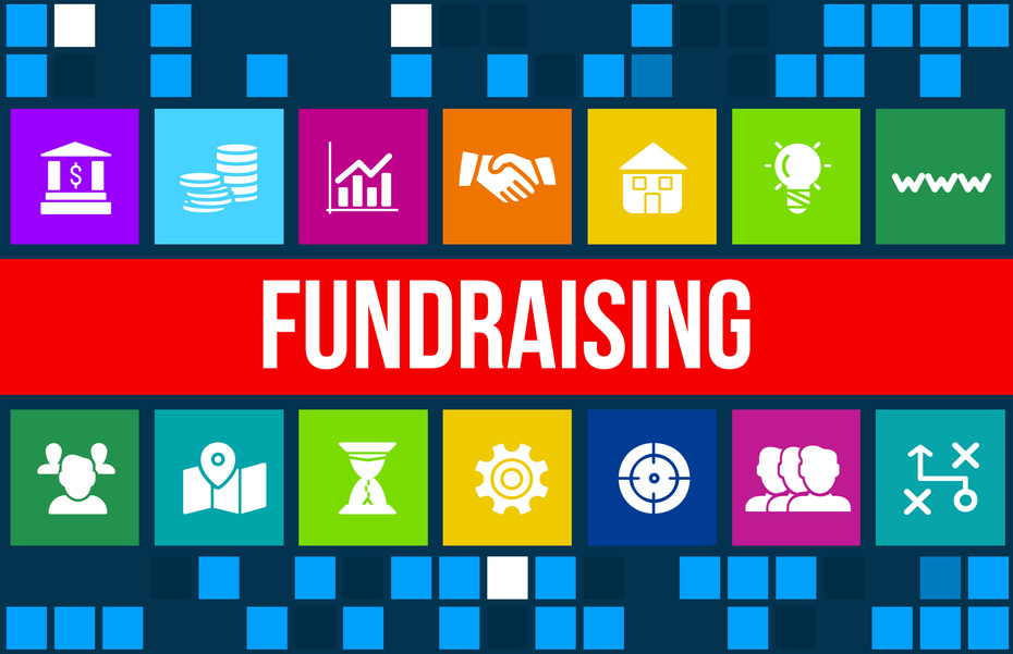 Fundraising concept image with business icons and copyspace.